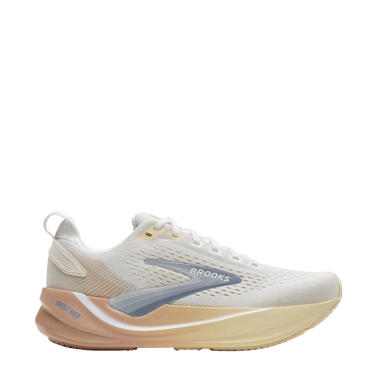 Brooks Ghost Max running shoe in off-white and beige with a light blue-gray Brooks logo accent, shown in a side profile on a light gray background.