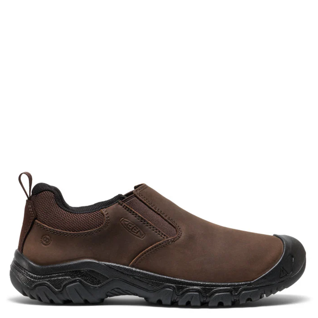 A brown slip-on work shoe with a black sole and toe cap, shown from a side profile on a white background.