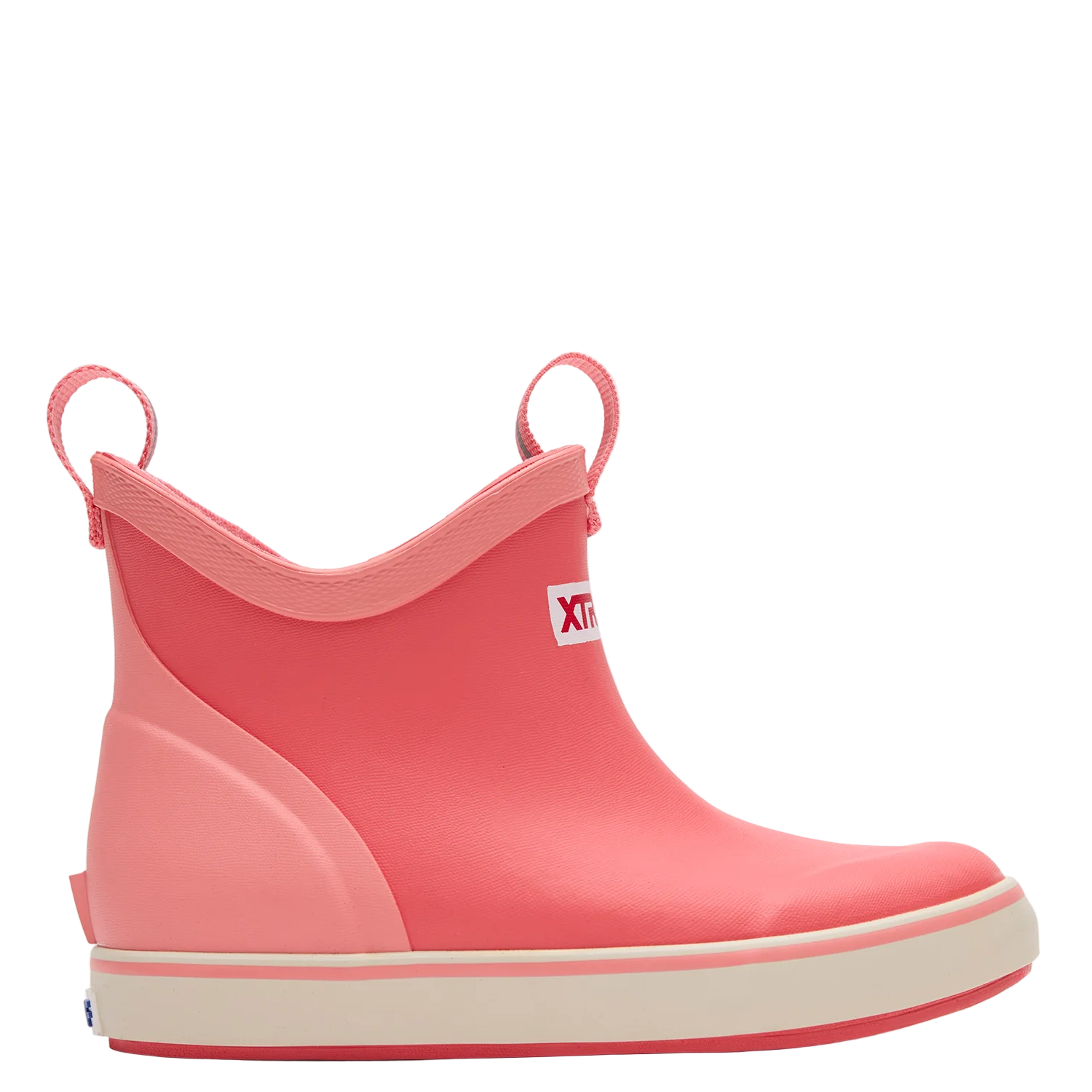 Pink rain boot with white sole on a light gray background