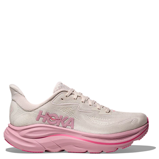 Pink and white running shoe with 'Hoka' branding on a white background