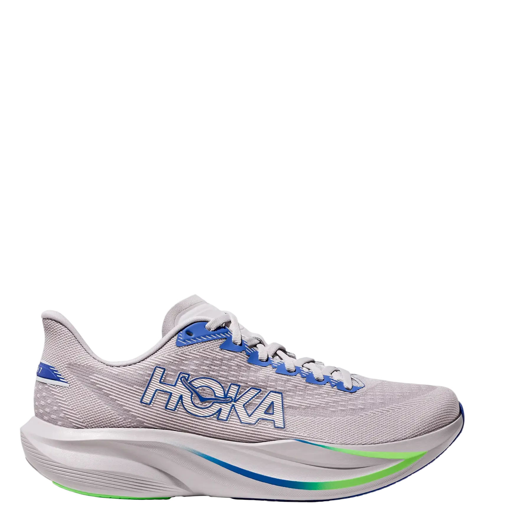 Gray running shoe with blue and green accents on a white background