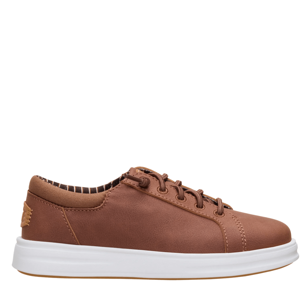 Brown sneaker with white sole on a white background