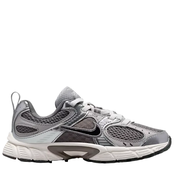 A gray and white Nike running shoe with a black swoosh, shown in a side profile view against a plain white background.