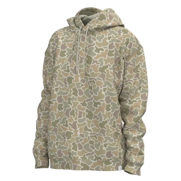 A pullover hoodie featuring a desert camouflage pattern in shades of beige, tan, and light brown, shown against a plain white background.