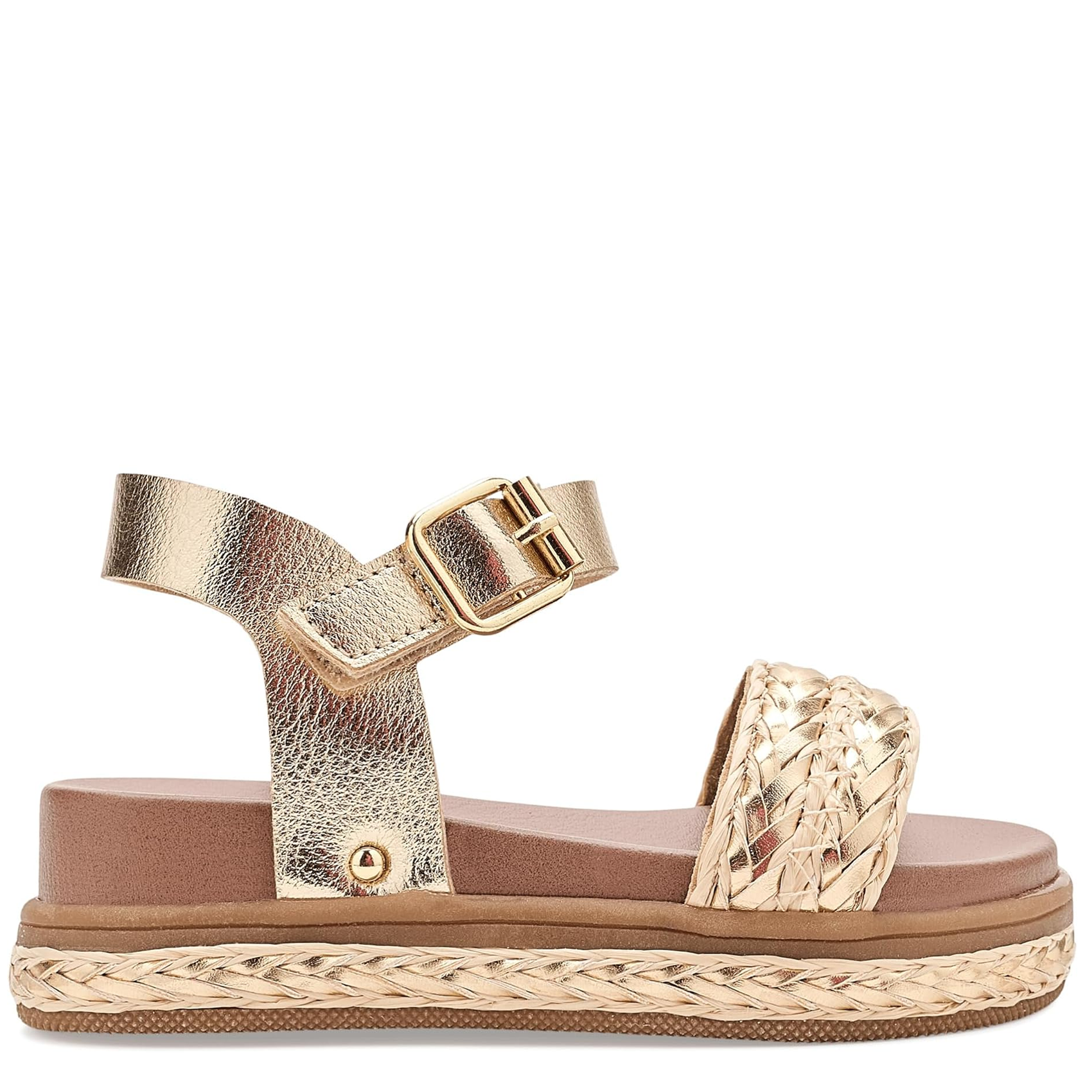 Gold wedge sandal with a braided sole on a white background