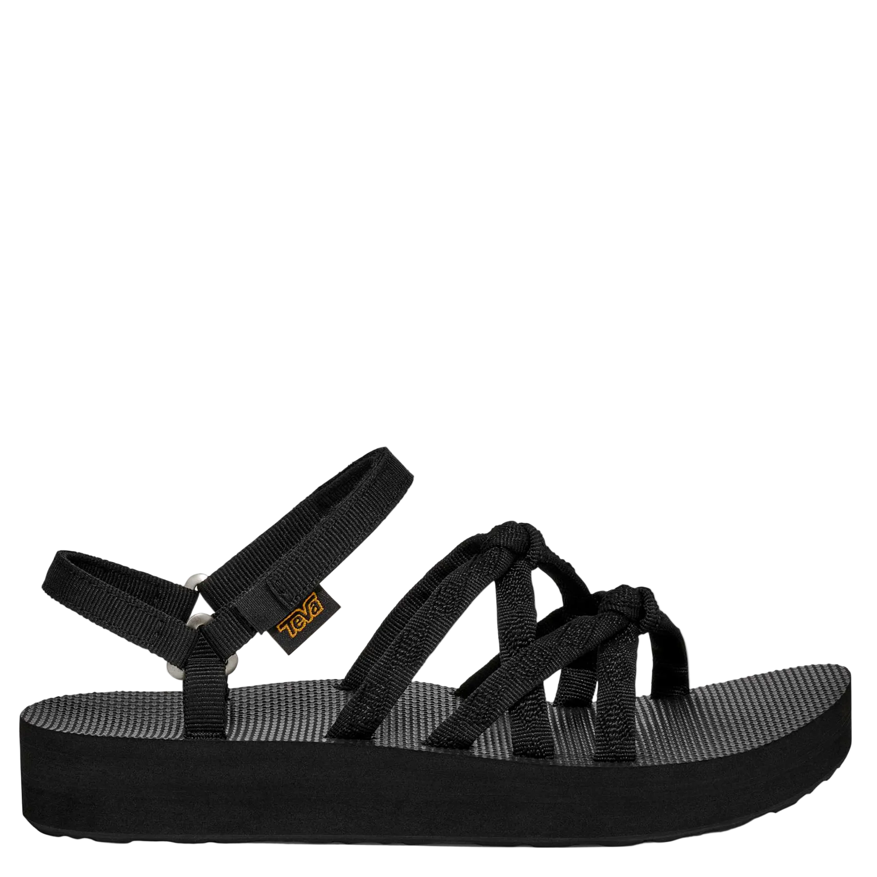 Black sandal with multiple straps on a white background