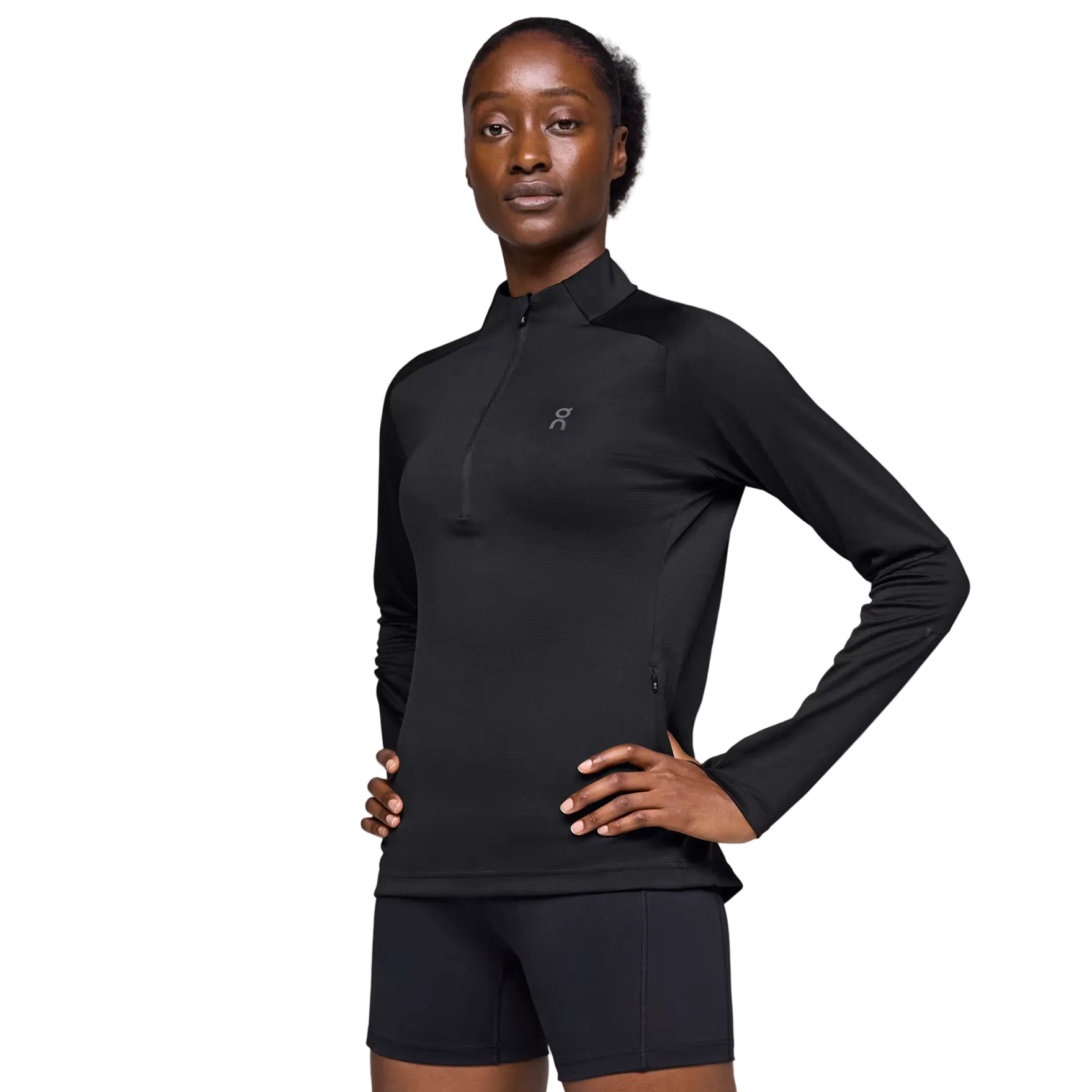 Person wearing a black athletic outfit on a gray background