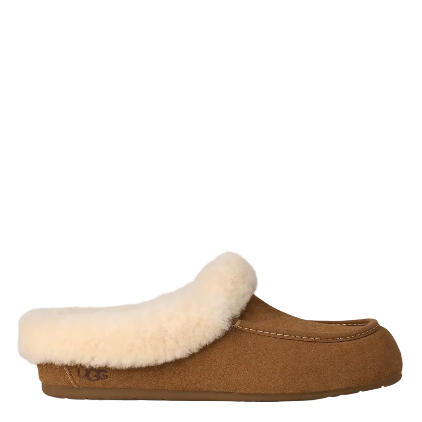A single brown slip-on mule slipper with a thick cream-colored shearling lining, shown from a side profile view against a split white and light gray background.