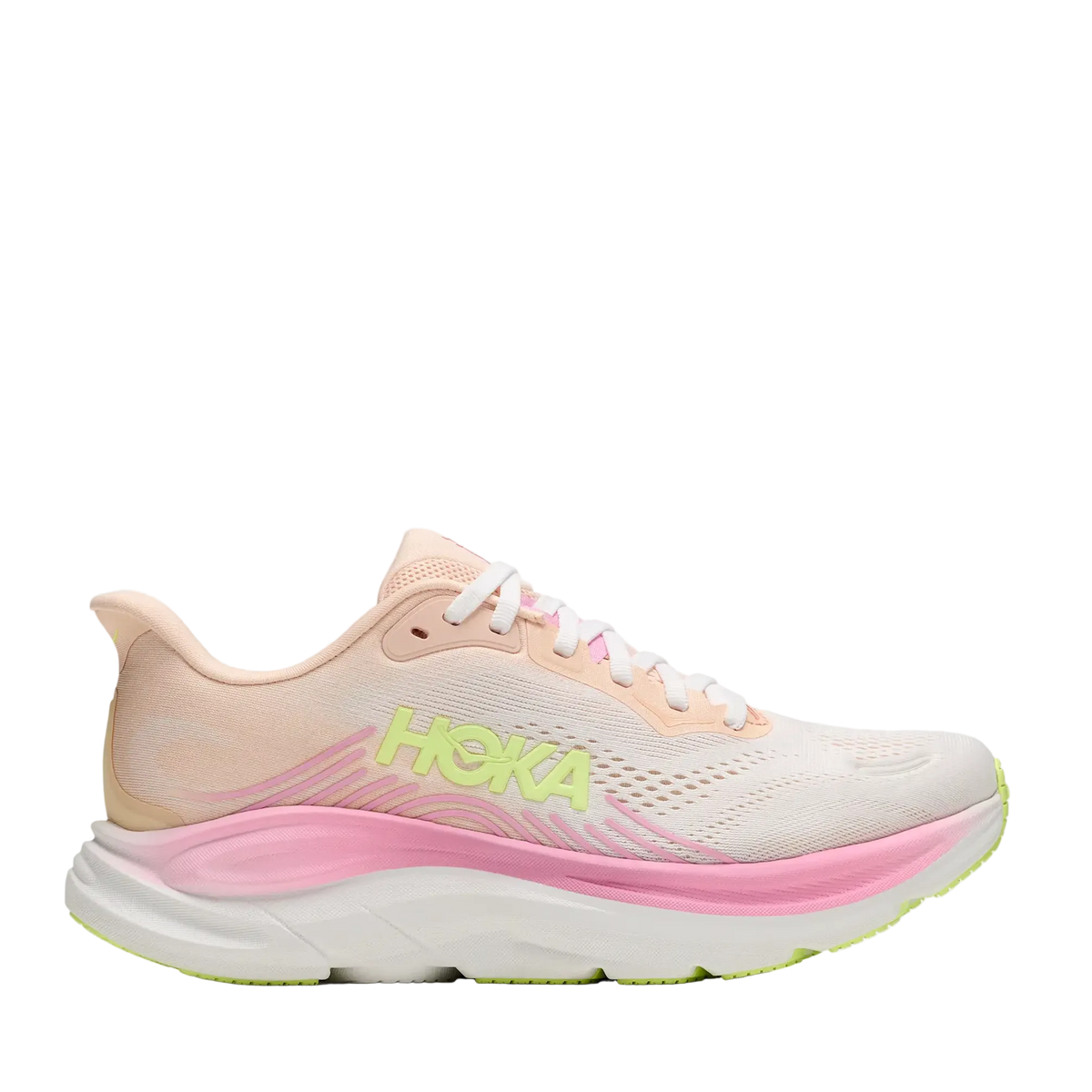 A Hoka running shoe in a light peach and white colorway with a prominent pink midsole and neon yellow-green accents on the logo and outsole.