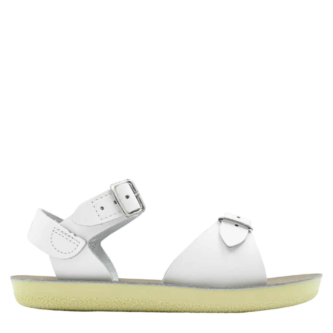 White sandal with a yellow sole on a light gray background