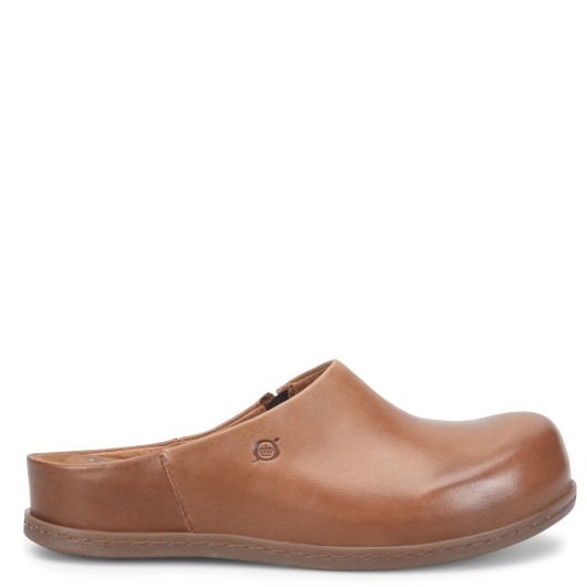 Brown leather clog shoe on a white background