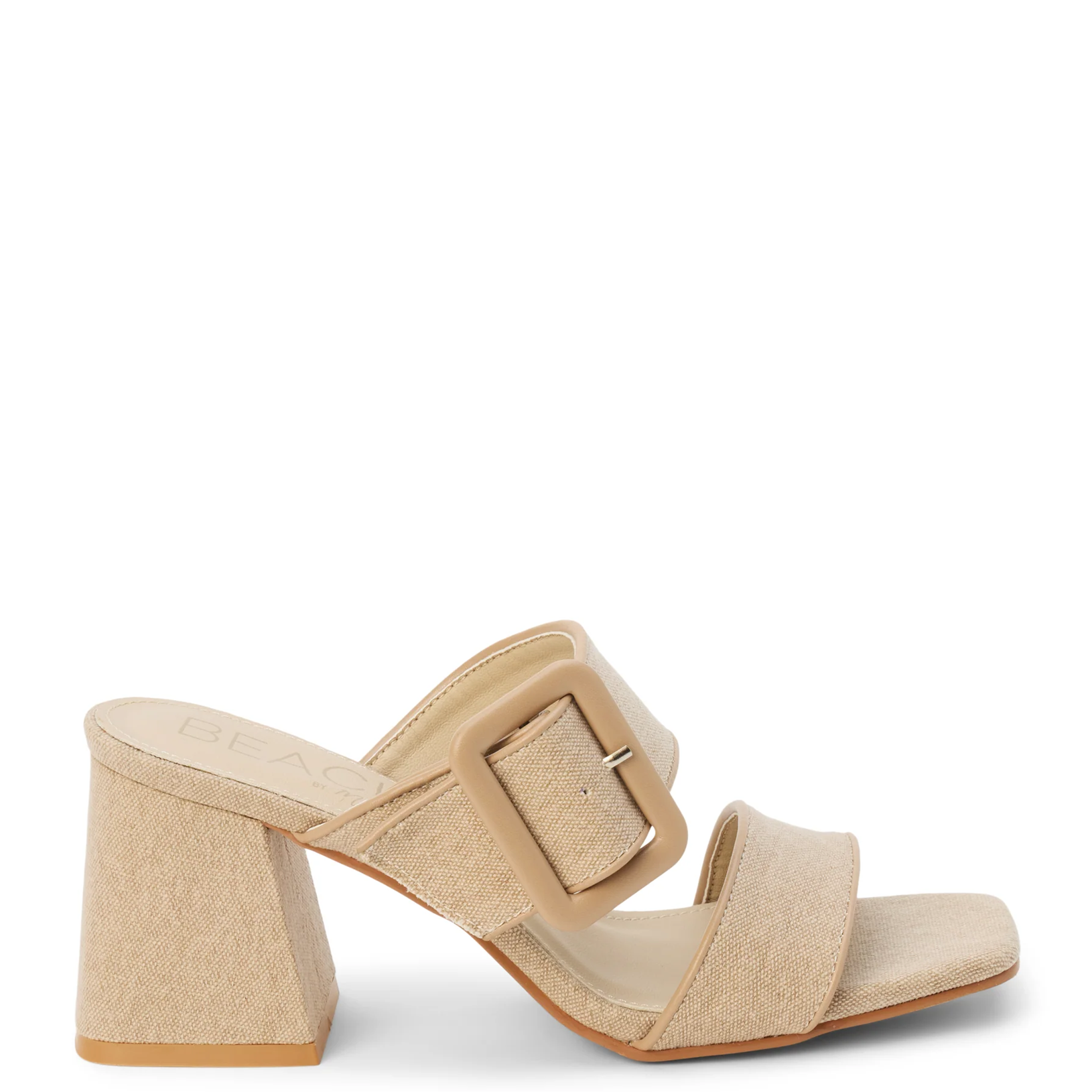 Beige sandal with a block heel and buckle on a white background
