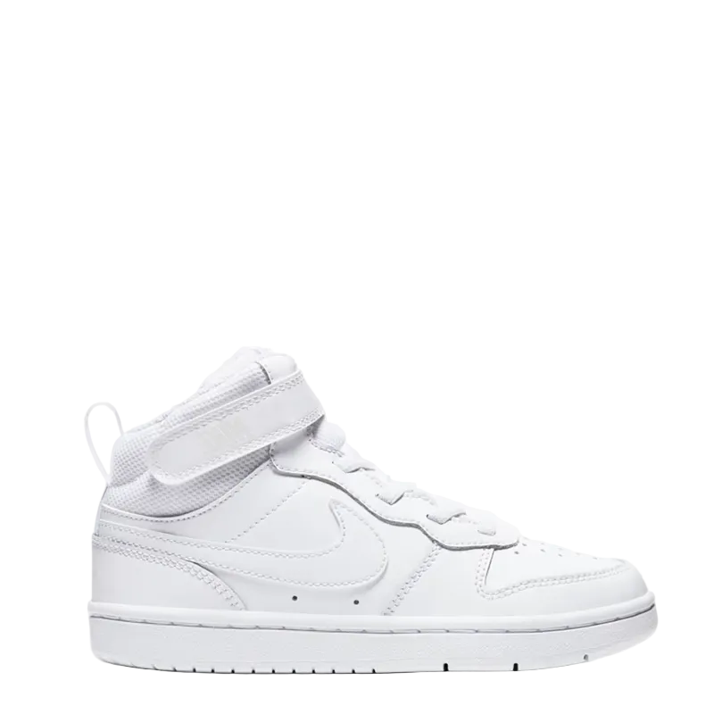 A white Nike high-top sneaker with a hook-and-loop strap closure, shown from the side profile against a clean white background.
