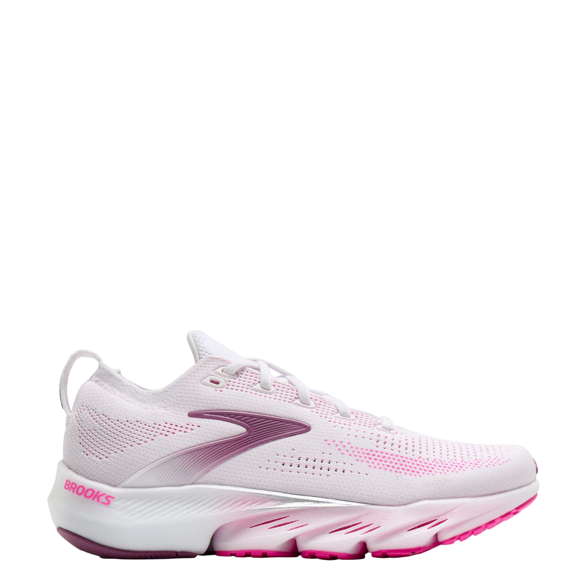 White and pink running shoe with 'Brooks' branding on a white background