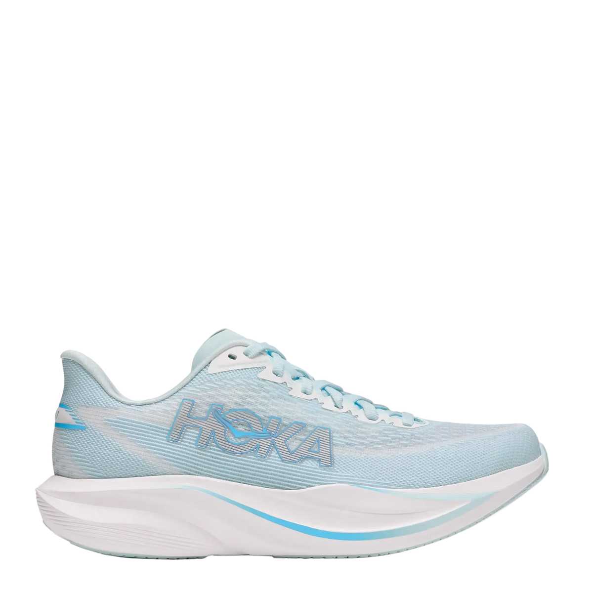 A light blue and white HOKA running shoe shown from the side against a plain white background.
