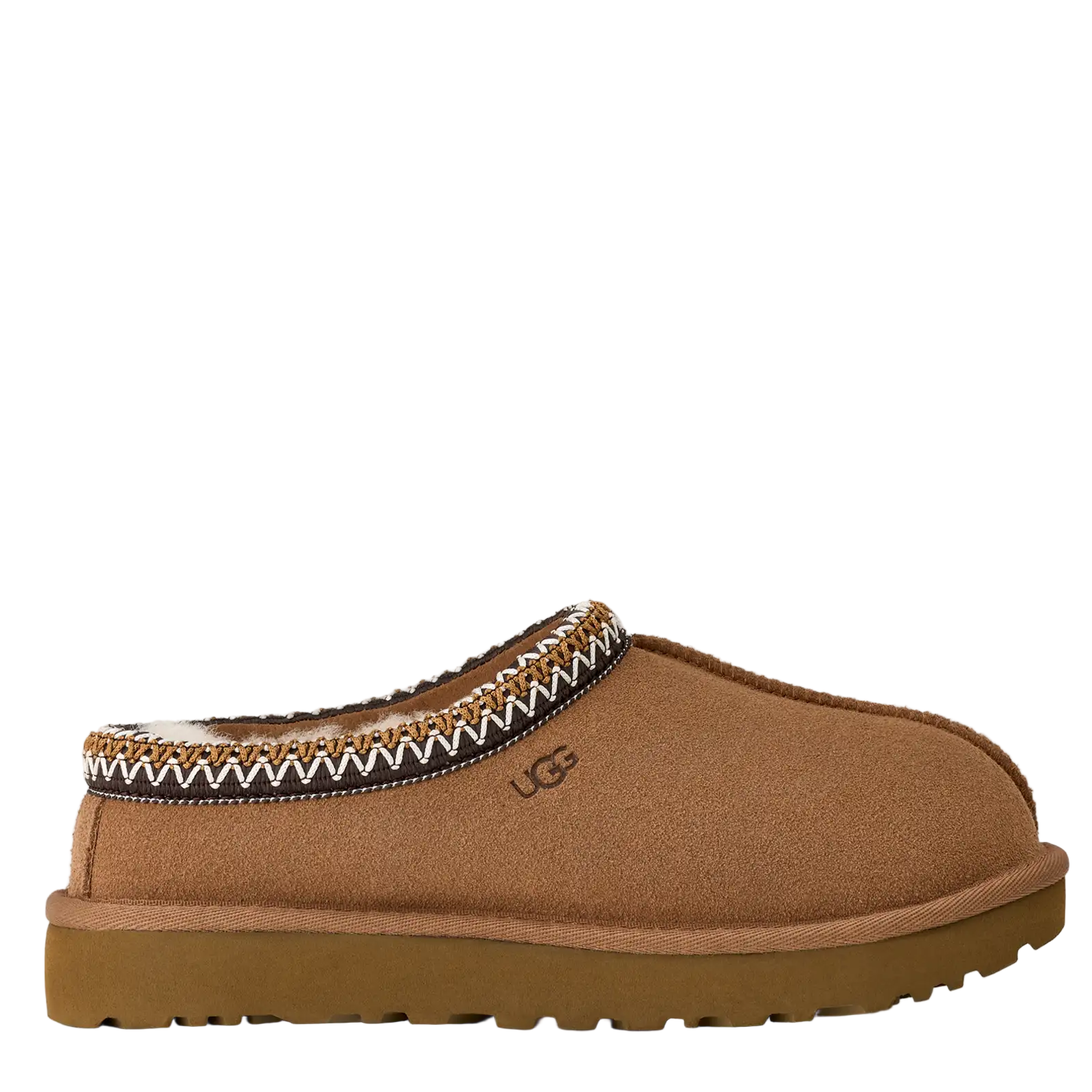 Brown UGG slipper with decorative trim on a white background