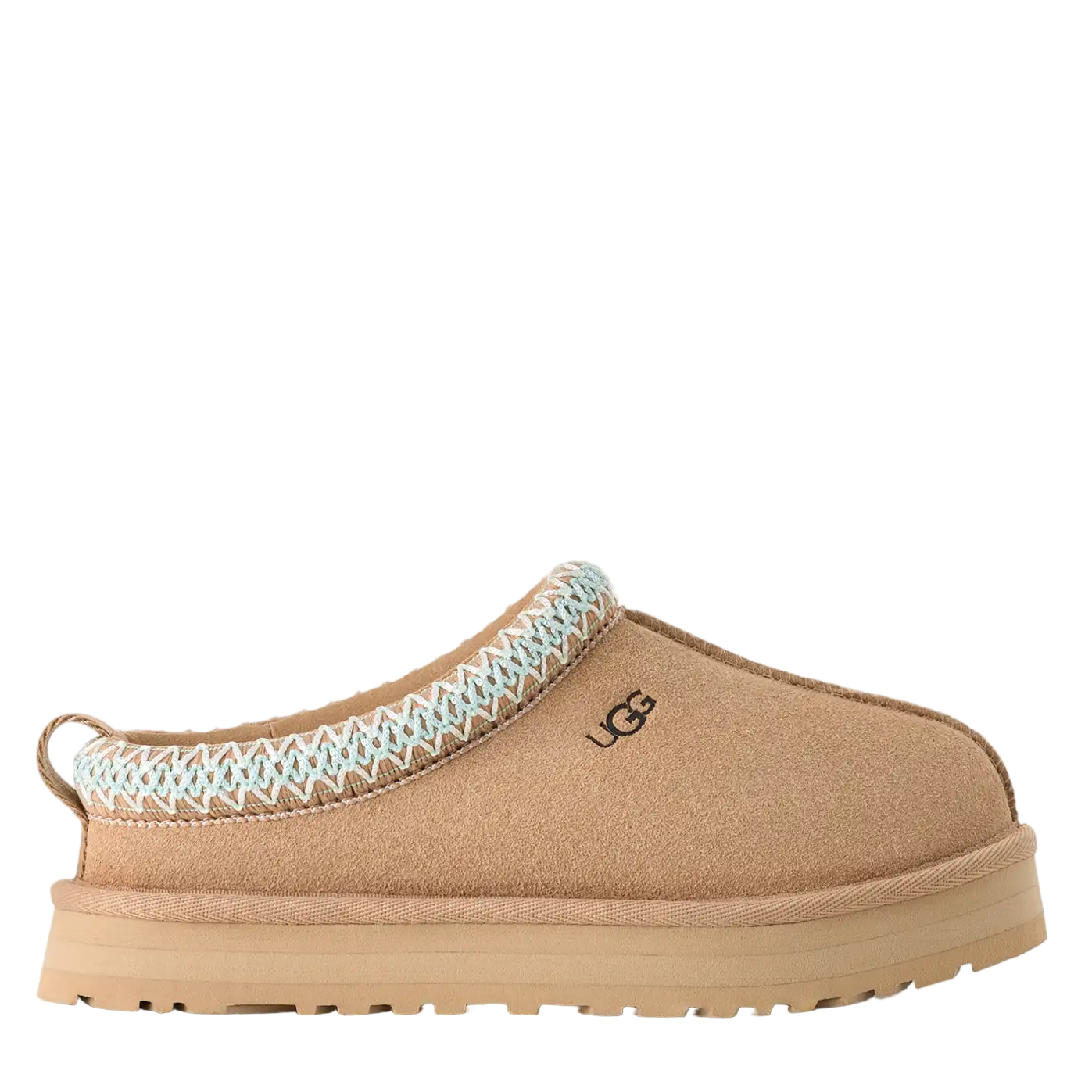 Tan UGG slipper with a textured strap on a white background