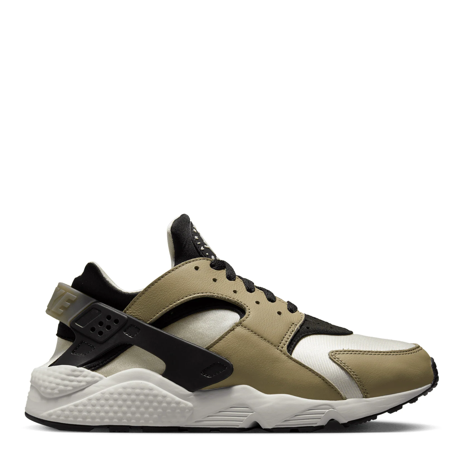 A Nike Air Huarache sneaker in a colorway of olive green, white, and black, shown in a side profile on a white background.