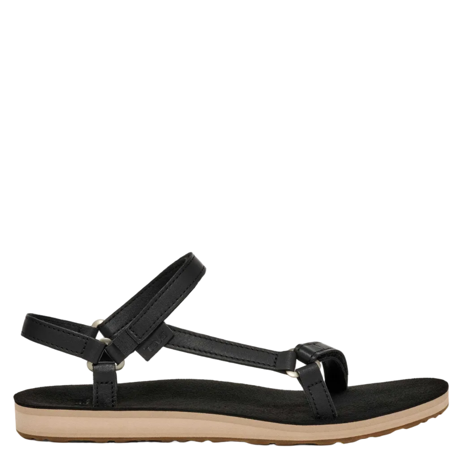 Black sandal with a beige sole on a white background