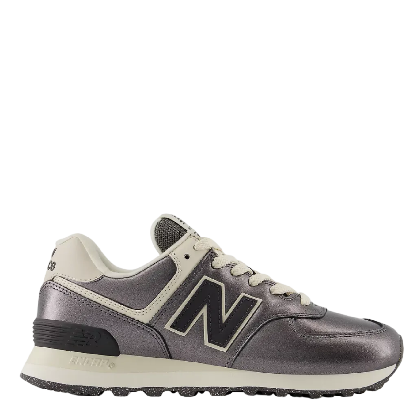 Gray and beige sneaker with New Balance logo on a white background