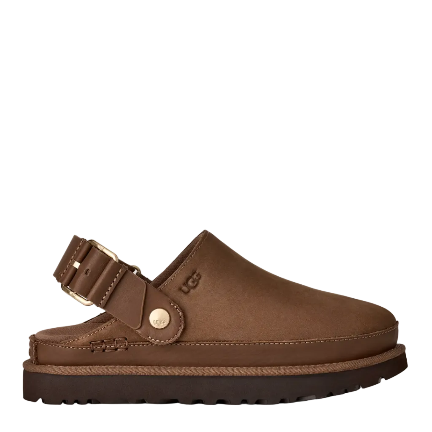 A brown leather clog sandal with an adjustable strap and a small gold-tone UGG logo on the side, shown against a light gray background.