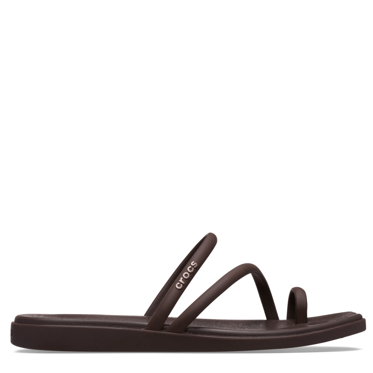 Brown sandal with 'Crocs' branding on a white background