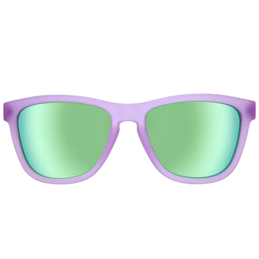 Sunglasses with purple frame and green mirrored lenses on a white background