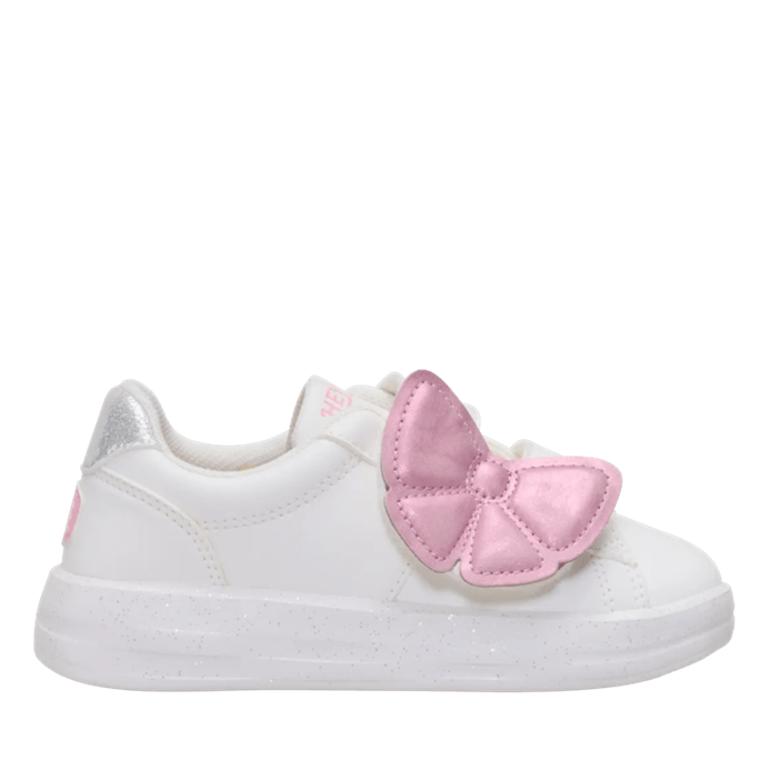 White sneaker with a pink bow on a white background
