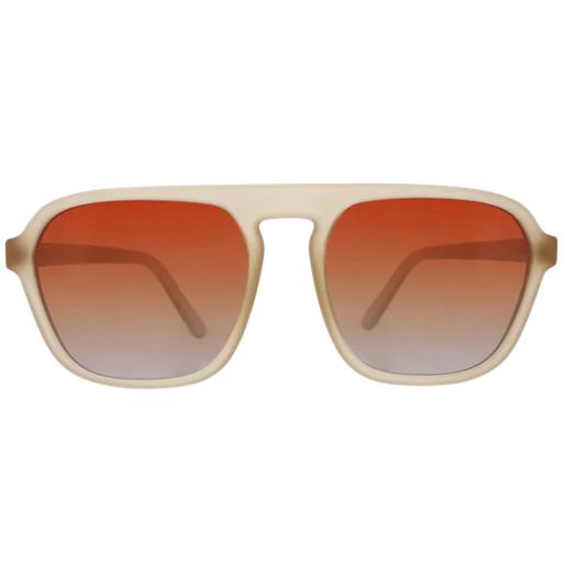Sunglasses with beige frame and red gradient lenses on a white background