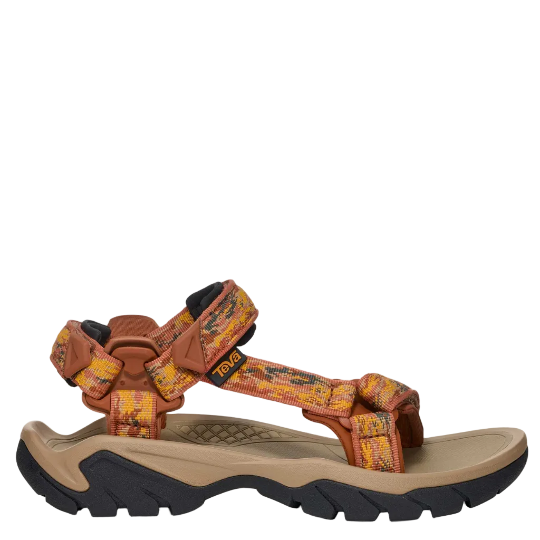 Brown and orange sandal with black sole on a white background
