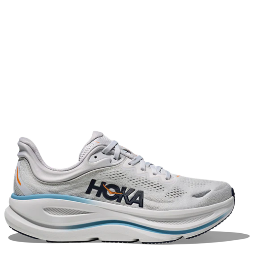White running shoe with blue accents on a white background