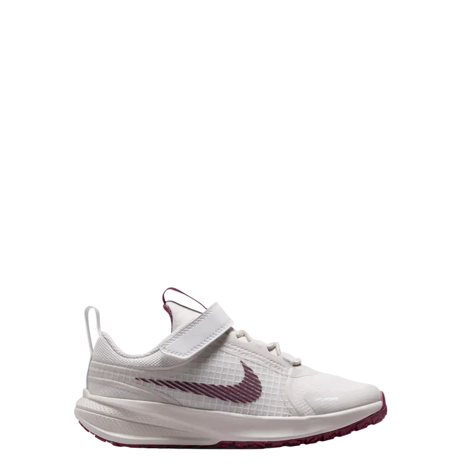 A Nike running shoe in white with a burgundy swoosh and matching burgundy outsole accents, shown from a side profile on a light gray background.