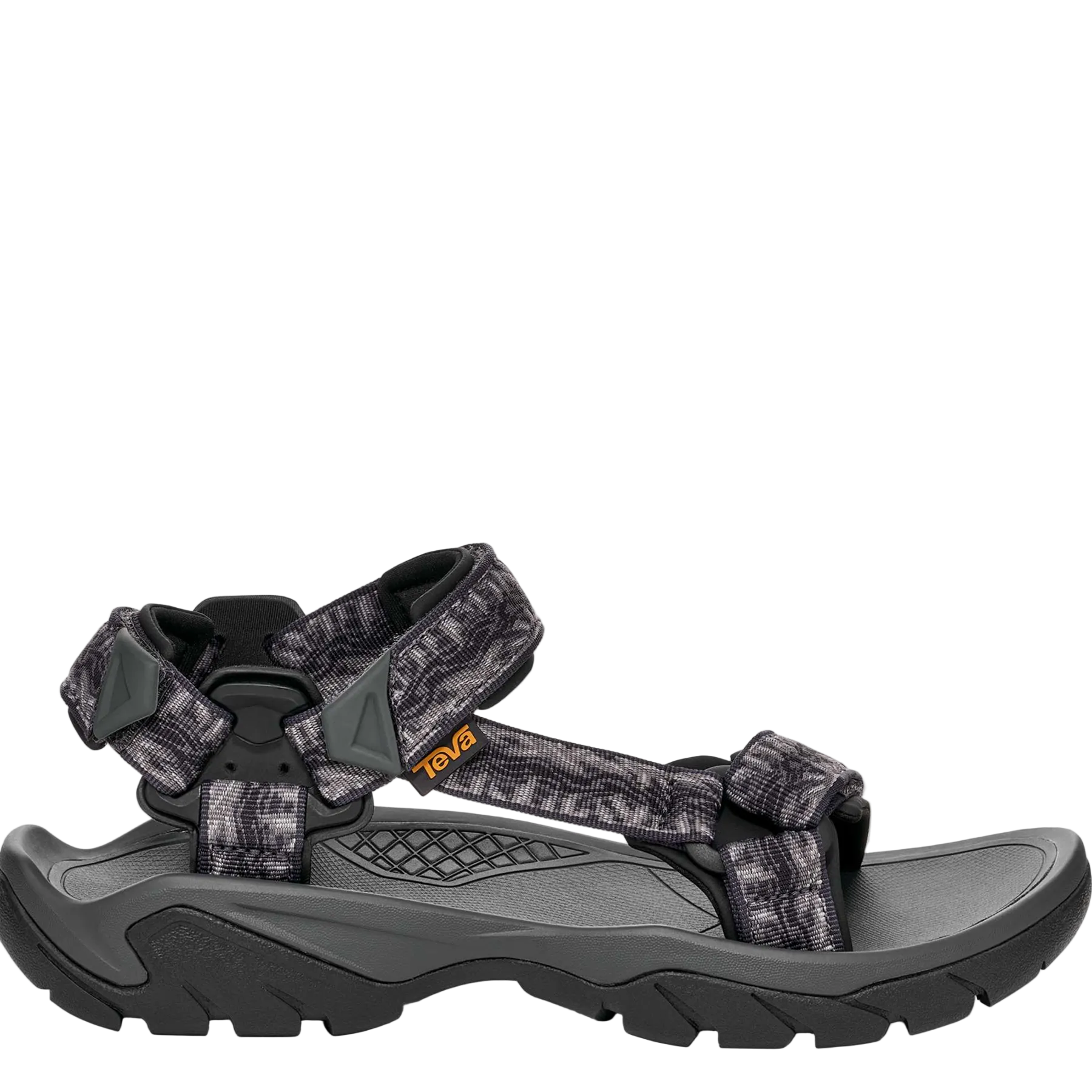 Black and gray sandal with patterned straps on a white background