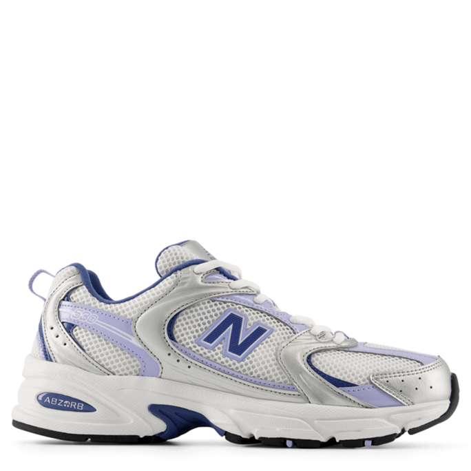 White and blue athletic shoe with New Balance logo on a white background