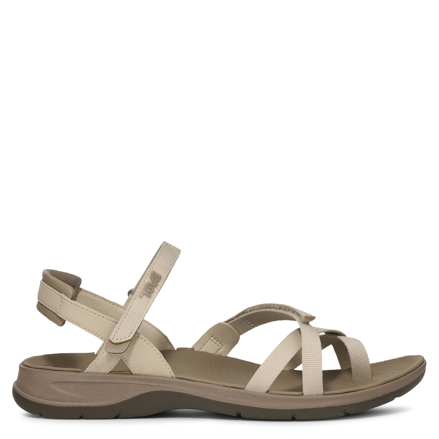 Beige sandal with multiple straps on a white background