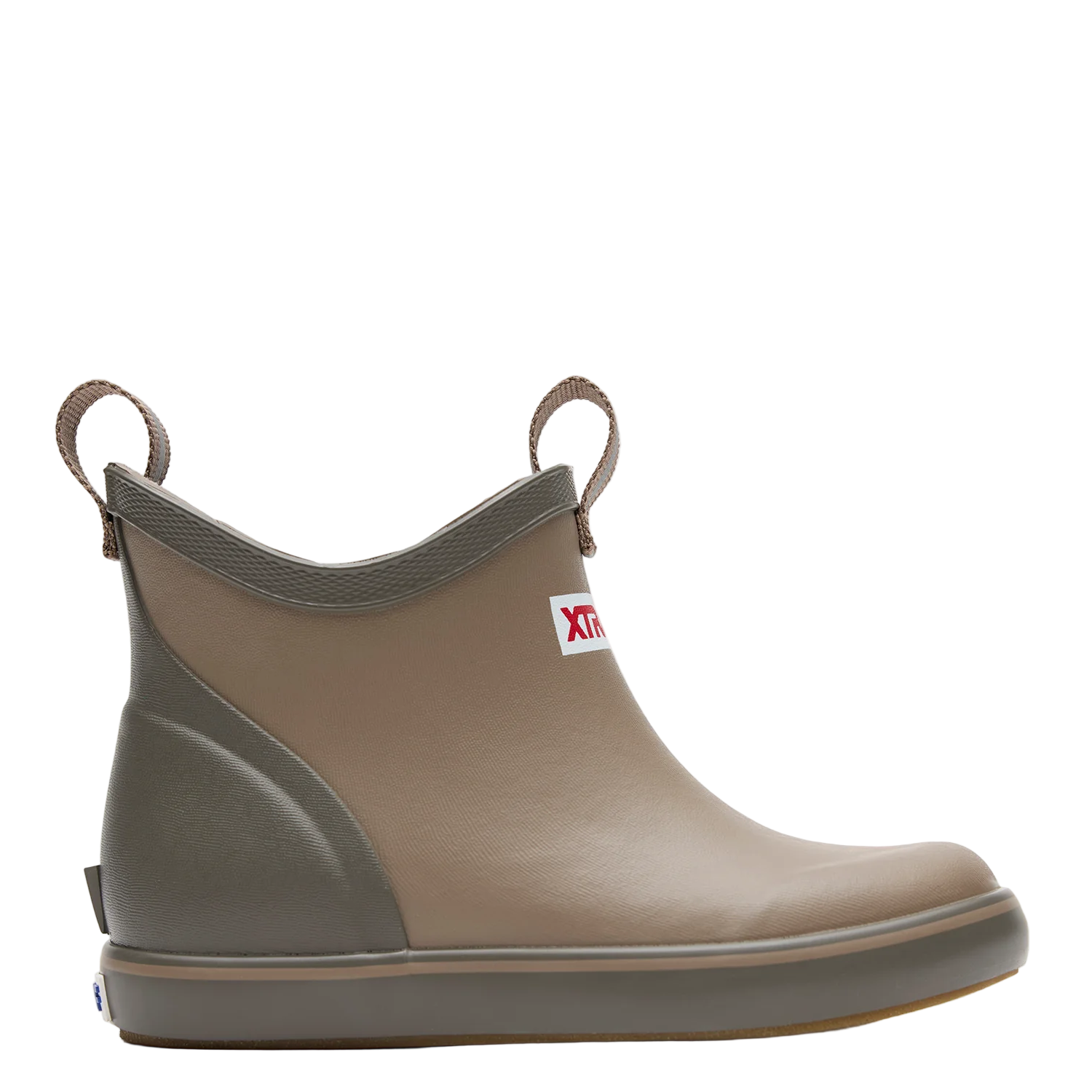 Brown rubber boot with a visible brand logo on a white background