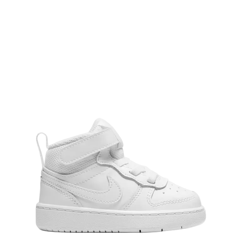 A white Nike high-top sneaker for toddlers, featuring a padded ankle strap, hook-and-loop closure, and a thick white sole, shown against a light gray gradient background.