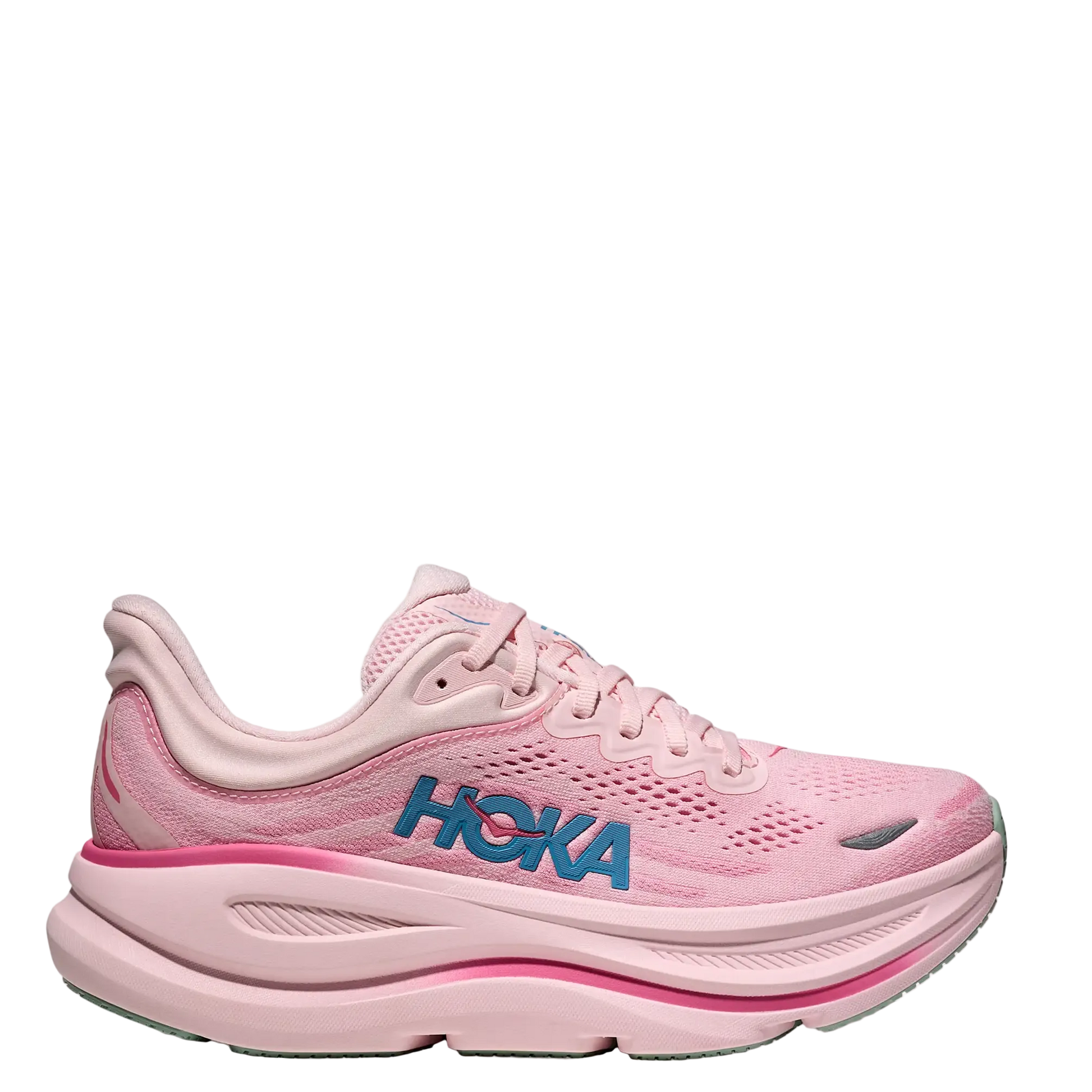 Pink running shoe with 'Hoka' branding on a white background