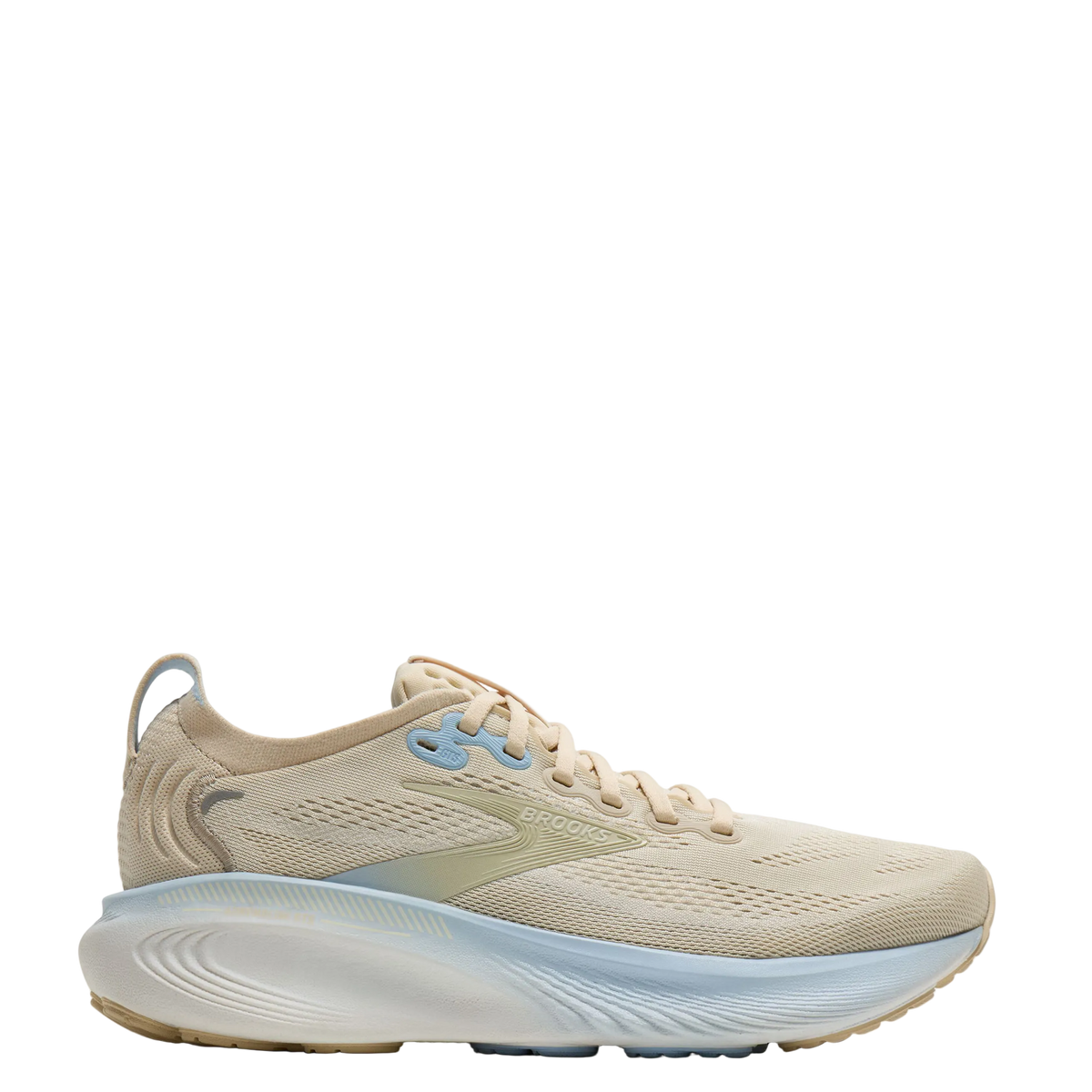 Beige running shoe with blue accents on a white background