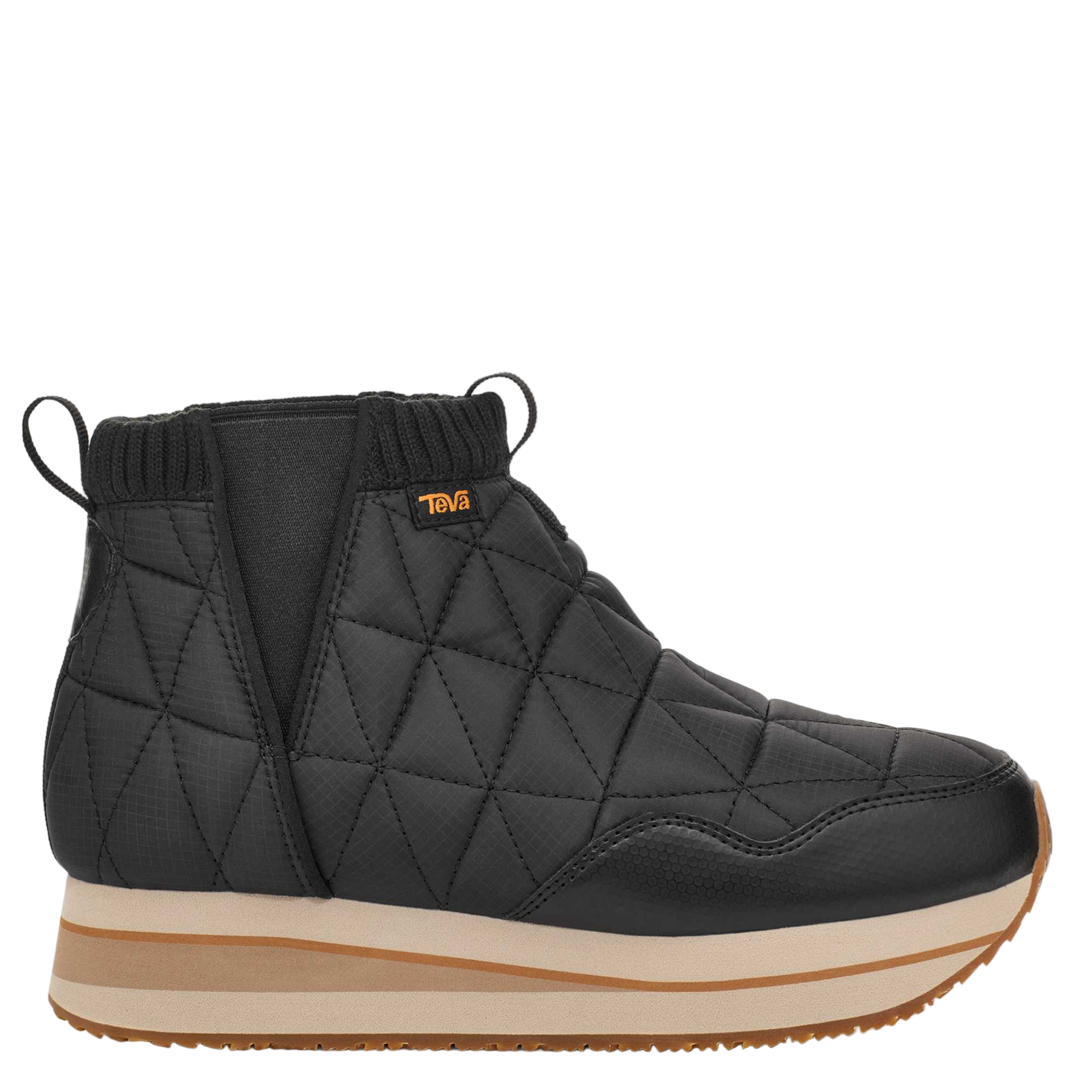 Black quilted ankle boot with beige sole on a white background