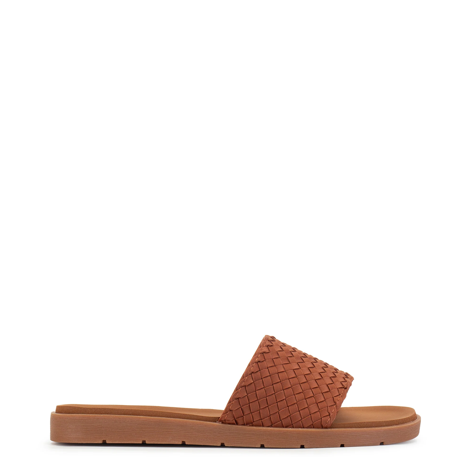 Brown woven slide sandal on a white background