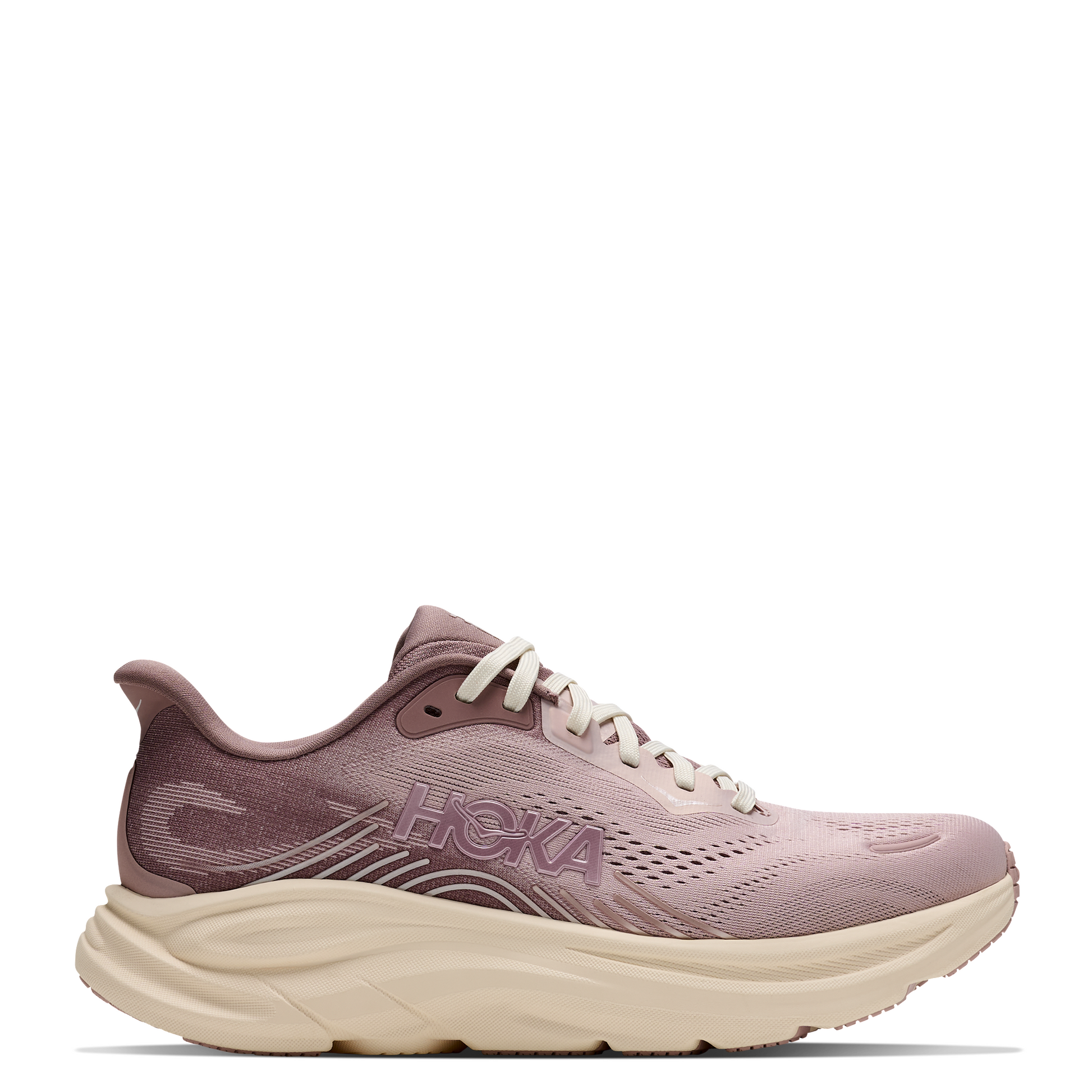 A single HOKA running shoe in a dusty mauve-pink colorway with a chunky cream-colored midsole, shown from a side profile on a white background.