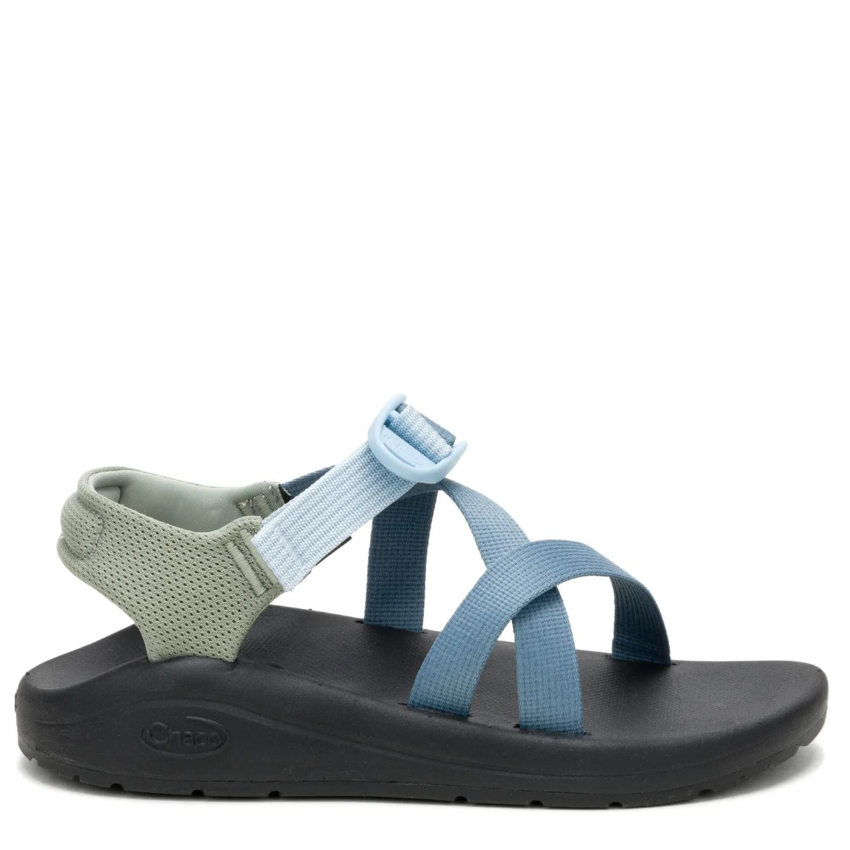 Sandal with blue straps and black sole on a white background