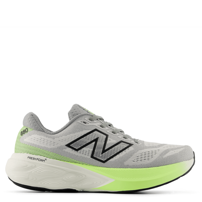 Gray running shoe with green accents on a white background