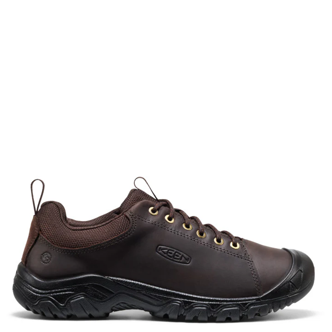 A dark brown Keen lace-up work shoe with a black sole and gold eyelets, shown from a side profile on a white background.