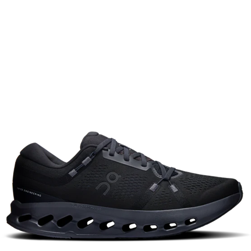 Black running shoe on a white background