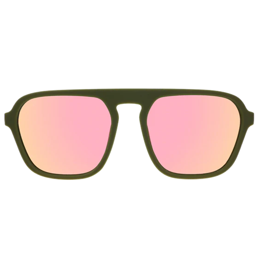 Sunglasses with pink lenses and green frames on a white background
