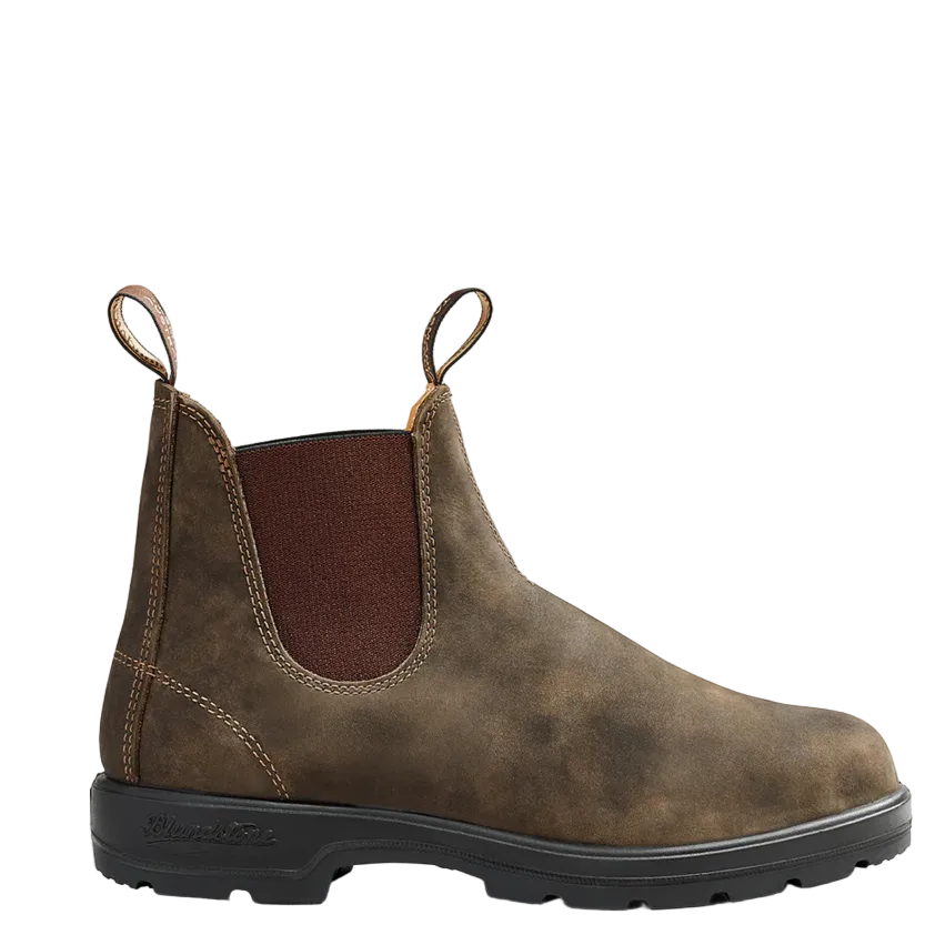 A single brown suede Chelsea boot with a dark brown elastic side panel and a black sole, shown in profile against a solid off-white background.
