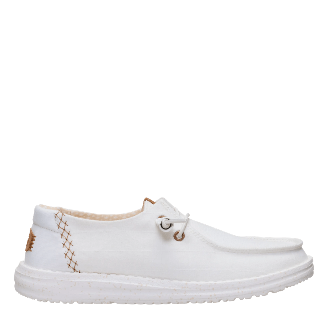 White sneaker with gold accents on a white background