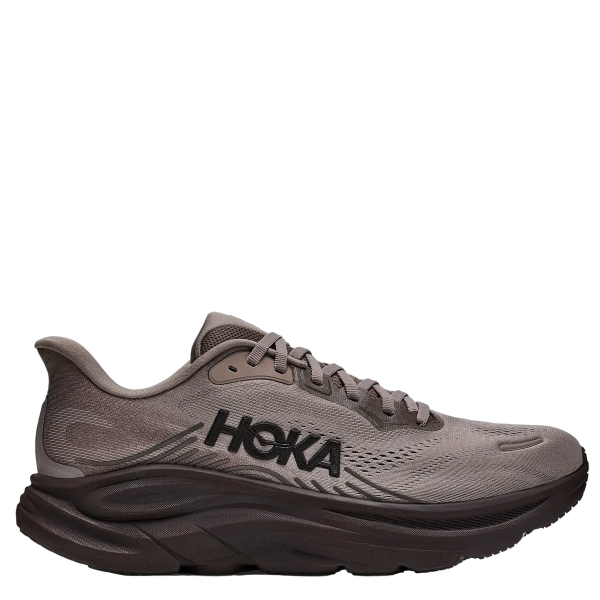 A single Hoka running shoe in a taupe-gray colorway, featuring a textured mesh upper, dark gray laces, and a thick dark brown and black cushioned sole, shown against a plain white background.